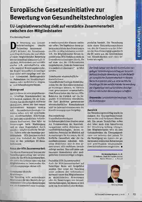 Vorschauseite 1: Europäische Gesetzesinitiative zur Bewertungvon Gesundheitstechnologien