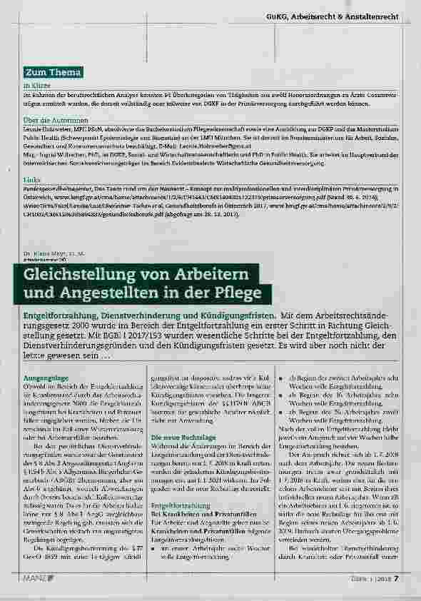 Vorschauseite 1: Gleichstellung von Arbeitern und Angestellten in der Pflege