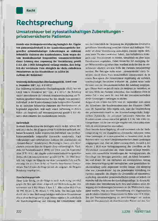 Vorschauseite 1: Umsatzsteuer bei zytostatikahaltigen Zubereitungen - privatversicherte Patienten