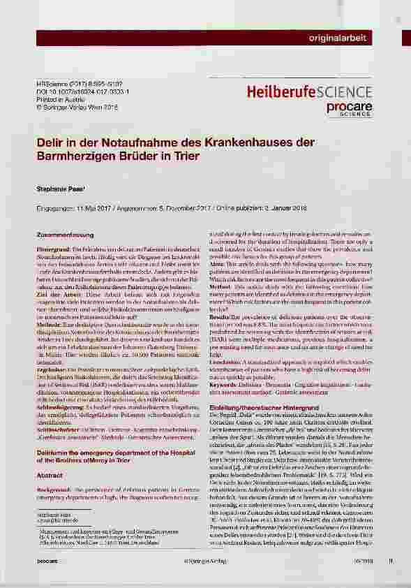 Vorschauseite 1: Delir in der Notaufnahme des Krankenhauses der Barmherzigen Brüder in Trier