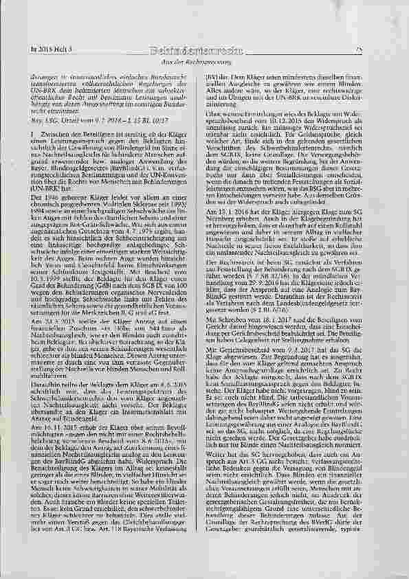Vorschauseite 2: BayBlindG Art. 1; BV Art. 92, 118, 118 a; GG Art. 3, 20, 100 Abs. 1; UN-BRK Art. 4, 5 Zum Anspruch auf Blindengeld nach dem Bayerischen Blindengeldgesetz