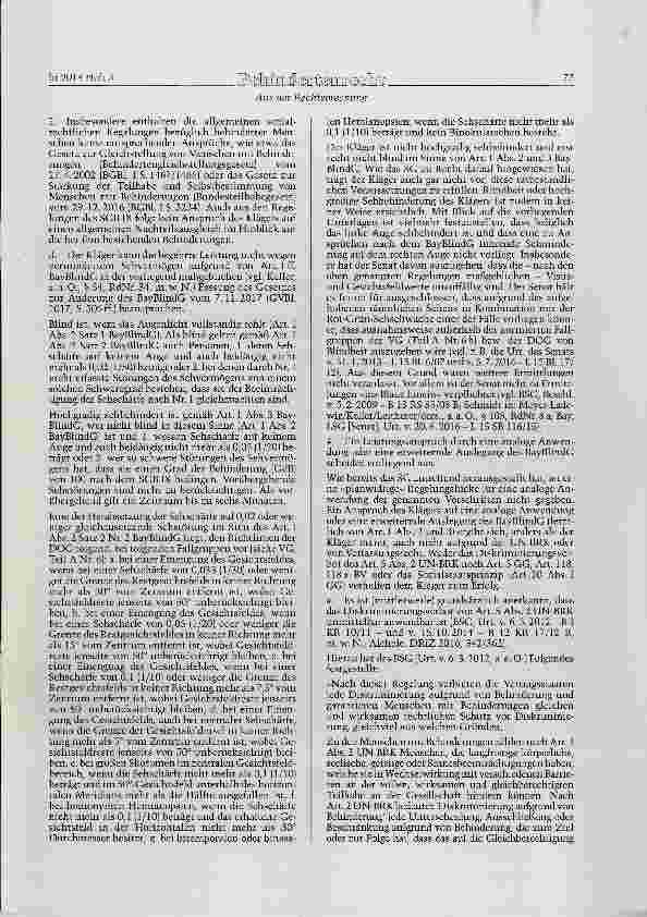 Vorschauseite 4: BayBlindG Art. 1; BV Art. 92, 118, 118 a; GG Art. 3, 20, 100 Abs. 1; UN-BRK Art. 4, 5 Zum Anspruch auf Blindengeld nach dem Bayerischen Blindengeldgesetz