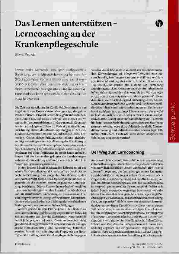 Vorschauseite 1: Das Lernen unterstützen Lerncoaching an der Krankenpflegeschule