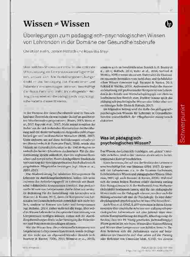 Vorschauseite 1: Überlegungen zum pädagogisch-psychologischen Wissen von Lehrenden in der Domäne der Gesundheitsberufe