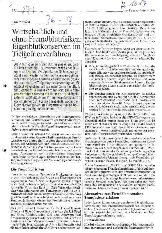 Vorschauseite 1: Wirtschaftlich und ohne Fremdblutrisiken: Eigenblutkonserven im Tiefgefrierverfahren