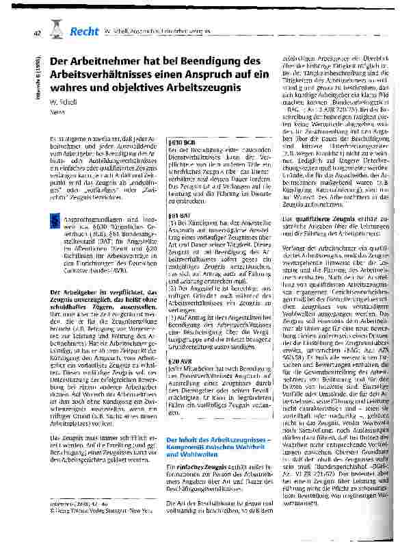 Vorschauseite 1: Der Arbeitnehmer hat bei Beendigung des Arbeitsverhältnisses einen Anspruch auf ein wahres und objektives Arbeitszeugnis