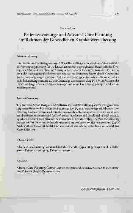 Vorschauseite 1: Patientenvorsorge und Advance Care Planning im Rahmen der Gesetzlichen Krankenversicherung