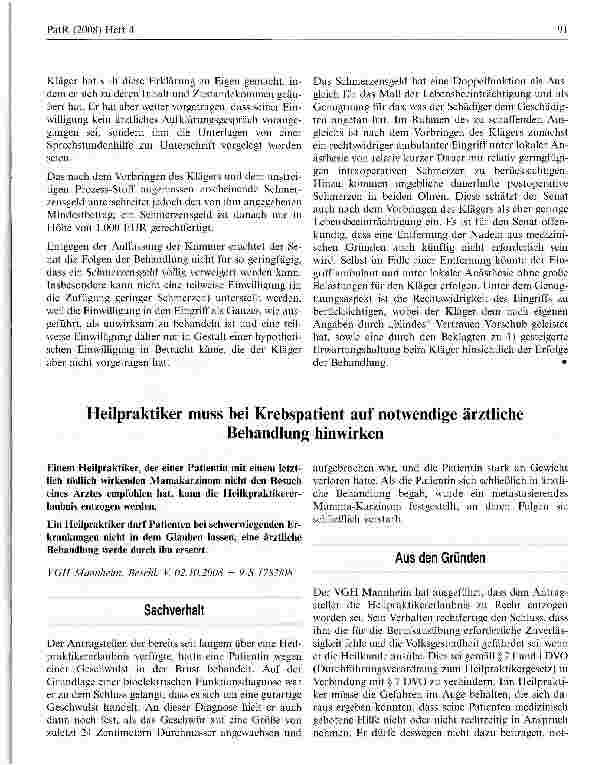 Vorschauseite 2: Schmerzensgeld für rechtswidrige ambulante Akupunkturbehandlung