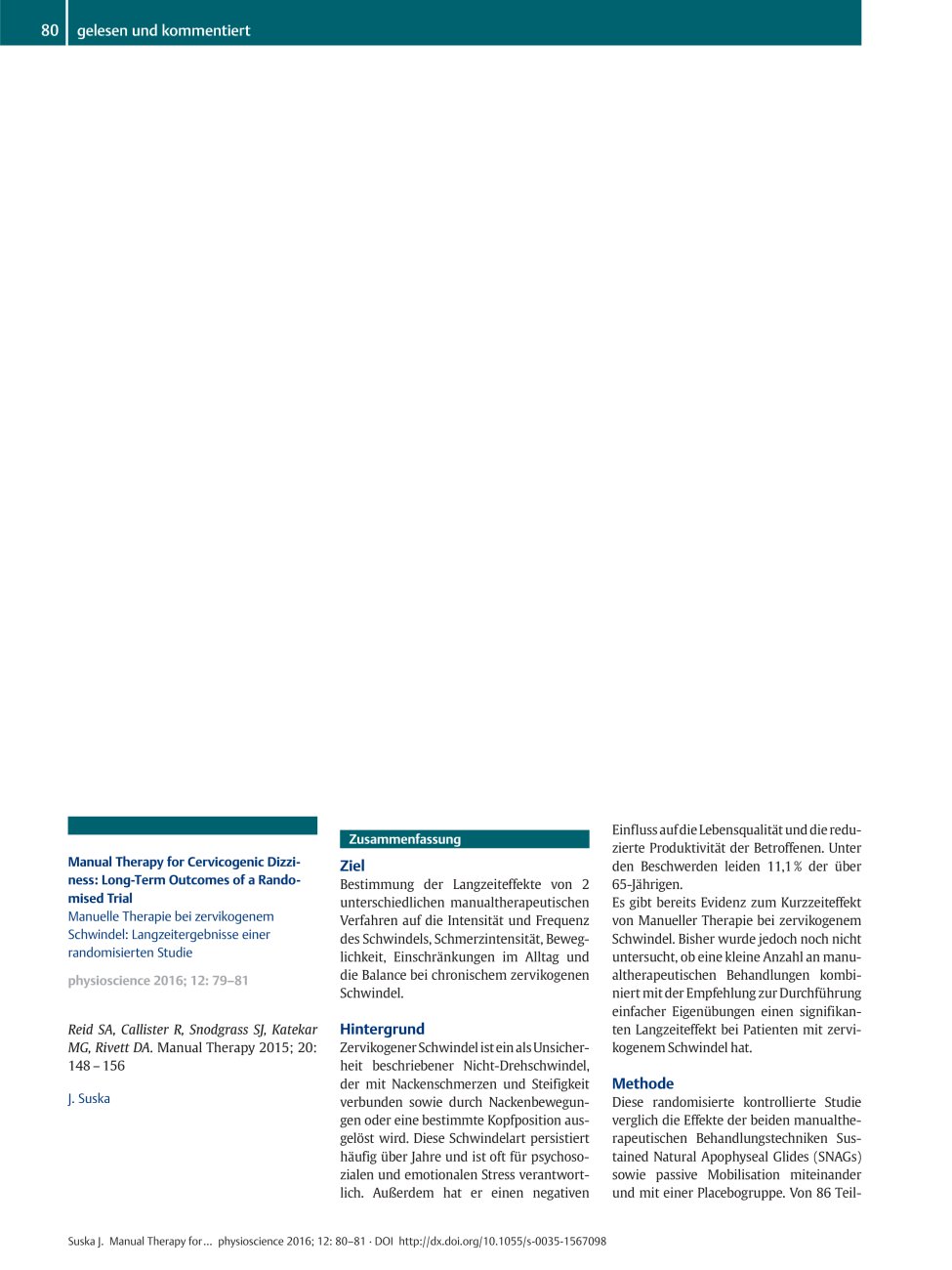 Vorschauseite 1: Manual Therapy for Cervicogenic Dizziness: Long-Term Outcomes of a Randomised Trial