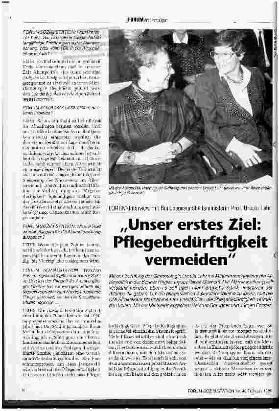 Vorschauseite 1: Forum-Interview mit Bundesgesundheitsministerin Prof. Ursula Lehr: Unser erstes Ziel: Pflegebedürftigkeit vermeiden