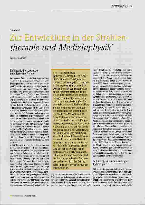 Vorschauseite 1: Zur Entwicklung in der Strahlen therapie und Medizinphysik