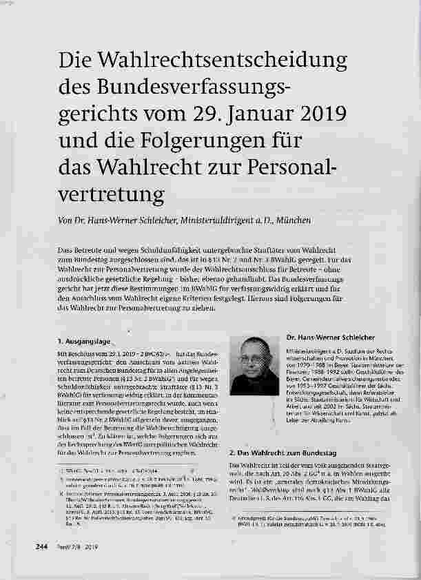 Vorschauseite 1: Die Wahlrechtsentscheidung des Bundesverfassungsgerichts vom 29. Januar 2019 und die Folgerungen für das Wahlrecht zur Personalvertretung