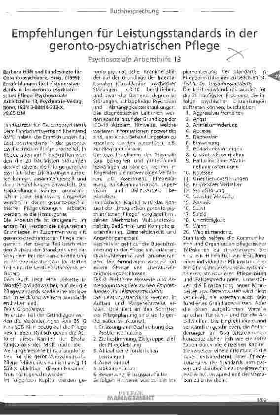 Vorschauseite 1: Empfehlungen für Leistungsstandards in der geronto-psychiatrischen Pflege Psychosoziale Arbeitshilfe 13