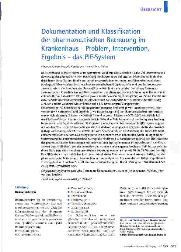 Vorschauseite 1: Dokumentation und Klassifikation der pharmazeutischen Betreuung im Krankenhaus - Problem, Intervention, Ergebnis - das PIE-System