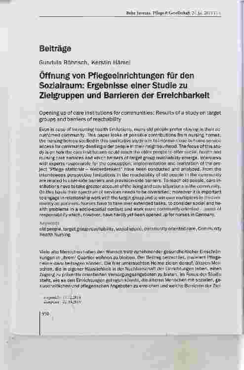Vorschauseite 1: Öffnung von Pflegeeinrichtungen für den Sozialraum: Ergebnisse einer Studie zu Zielgruppen und Barrieren der Erreichbarkeit