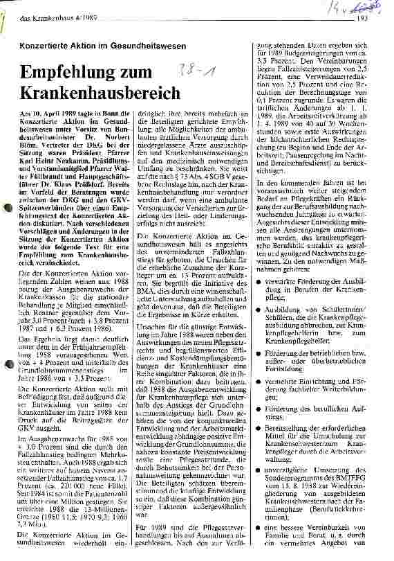 Vorschauseite 1: Empfehlung zum Krankenhausbereich Konzertierte Aktion im Gesundheitswesen