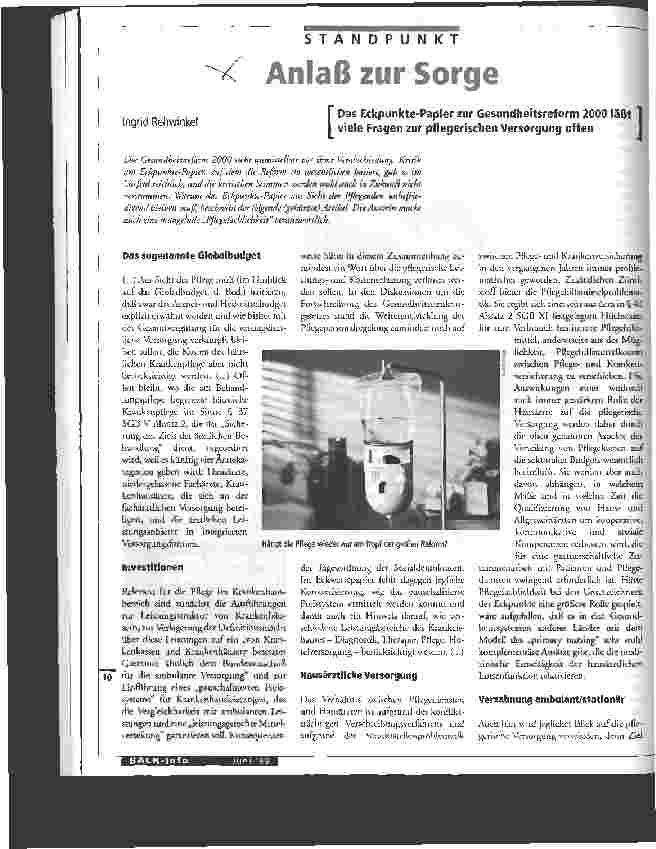 Vorschauseite 1: Anlaß zur Sorge Das Eckpunkte-Papier zur Gesundheitsreform 2000 läßt viele Fragen zur pflegerischen Versorgung offen