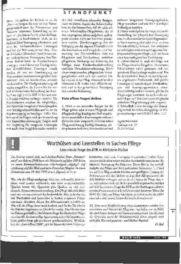 Vorschauseite 2: Anlaß zur Sorge Das Eckpunkte-Papier zur Gesundheitsreform 2000 läßt viele Fragen zur pflegerischen Versorgung offen