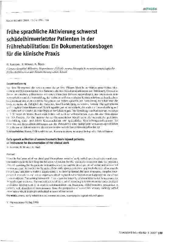 Vorschauseite 1: Frühe sprachliche Aktivierung schwerst schädelhirnverletzter Patienten in der Frührehabilitation: Ein Dokumentationsbogen für die klinische Praxis