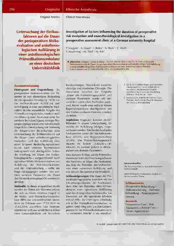 Vorschauseite 1: Untersuchung der Einflussfaktoren auf die Dauer der perioperativen Risikoevaluation und anästhesiologischen Aufklärung in einer anästhesiologischen Prämedikationsambulanz an einer…