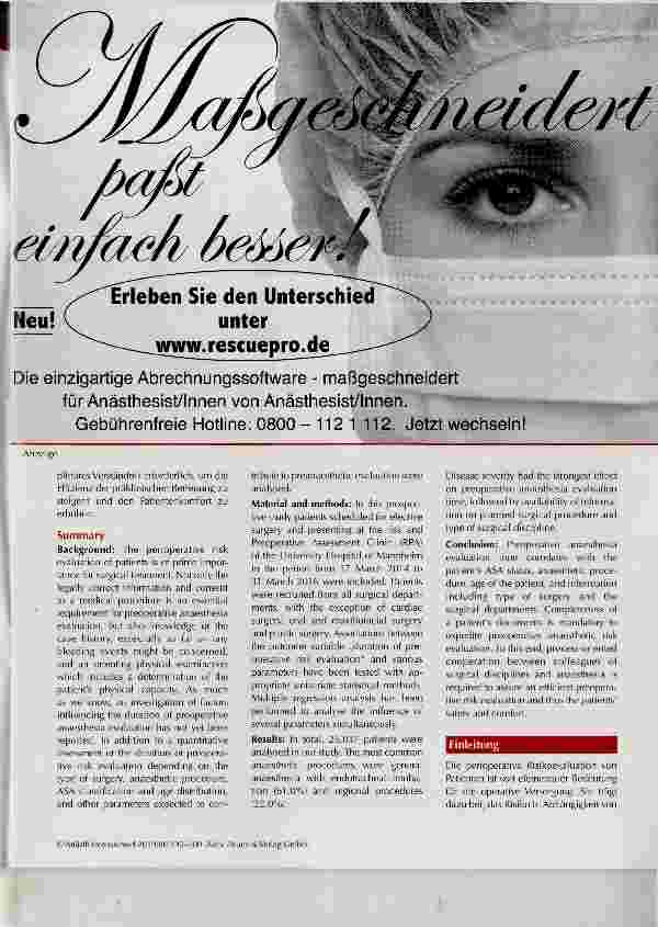 Vorschauseite 2: Untersuchung der Einflussfaktoren auf die Dauer der perioperativen Risikoevaluation und anästhesiologischen Aufklärung in einer anästhesiologischen Prämedikationsambulanz an einer…