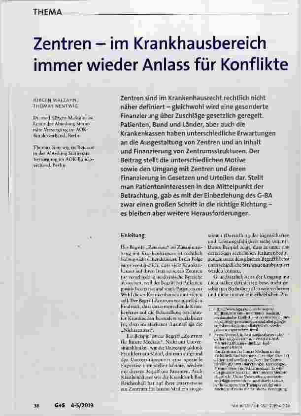 Vorschauseite 1: Zentren - im Krankhausbereich immer wieder Anlass für Konflikte