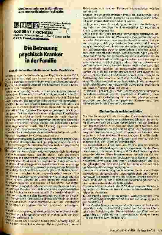 Vorschauseite 1: Die Betreuung psychisch Kranker in der Familie (Beilage I-VII)