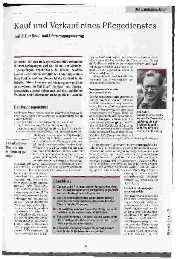 Vorschauseite 1: Kauf und Verkauf eines Pflegedienstes Teil 2: Der Kaufund Übertragungsvertrag