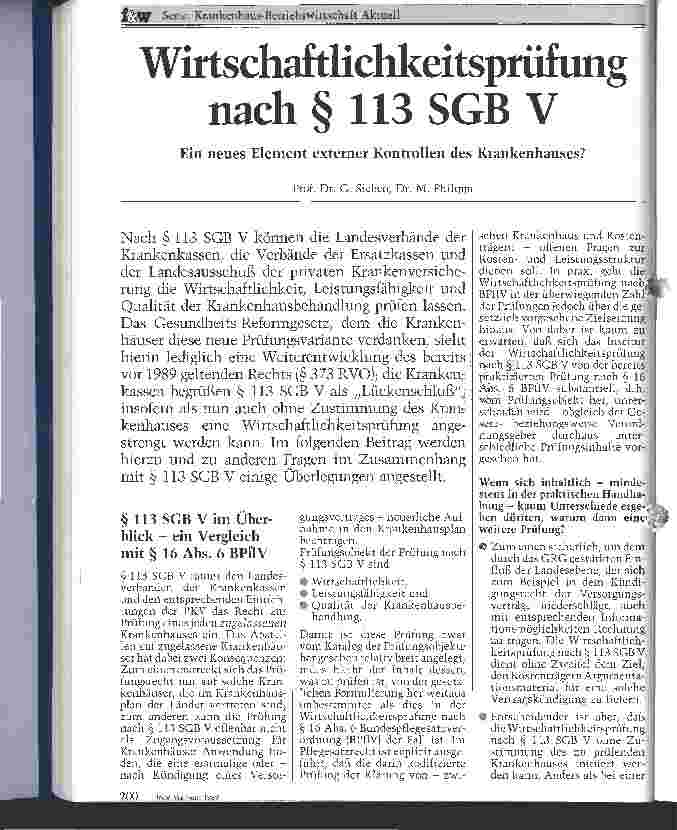 Vorschauseite 1: Wirtschaftlichkeitsprüfungen nach Pragraph 113 SGB V Ein neues Element externer Kontrollen des Krankenhauses
