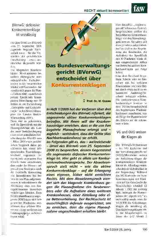 Vorschauseite 1: Das Bundesverwaltungsgericht (BVerwG) entscheidet über Konkurrentenklagen - Teil 2 -