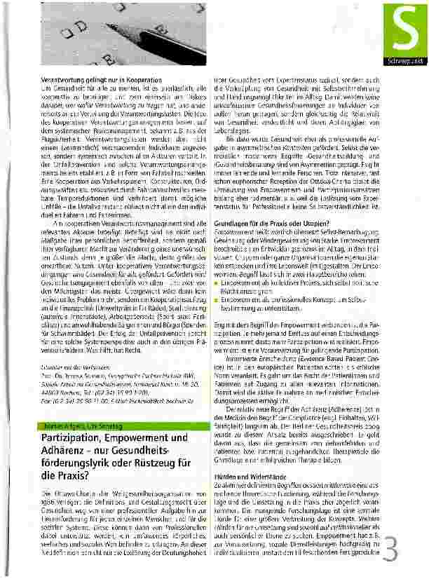 Vorschauseite 1: Partizipation, Empowerment und Adhärenz - nur Gesundheits-förderungslyrik oder Rüstzeug für die Praxis?