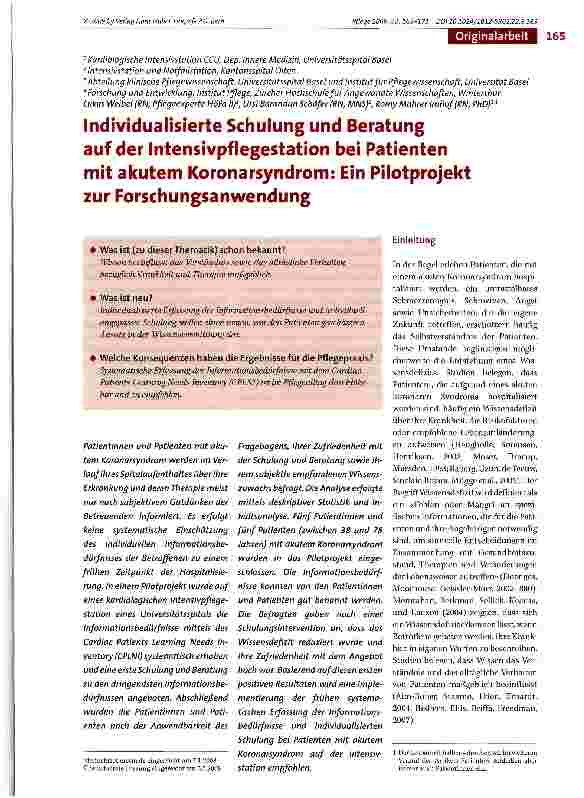 Vorschauseite 1: Individualisierte Schulung und Beratung auf der Intensivpflegestation bei Patienten mit akutem Koronarsyndrom: Ein Pilotprojekt zur Forschungsanwendung