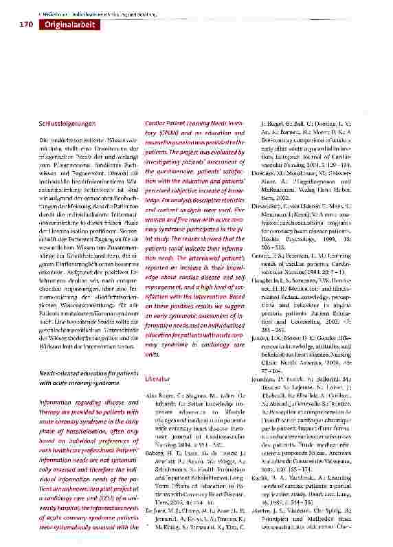 Vorschauseite 6: Individualisierte Schulung und Beratung auf der Intensivpflegestation bei Patienten mit akutem Koronarsyndrom: Ein Pilotprojekt zur Forschungsanwendung