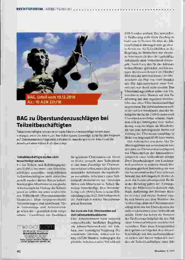 Vorschauseite 1: BAG zu Überstundenzuschlägen bei Teilzeitbeschäftigten