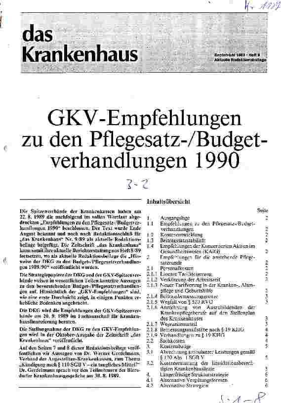 Vorschauseite 1: GKV-Empfehlungen zu den Pflegesatz-/Budgetverhandlungen 1990