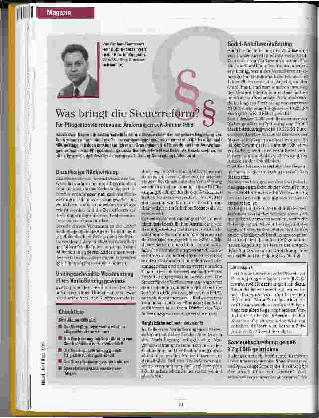 Vorschauseite 1: Was bringt die Steuerreform? Für Pflegedienste relevante Änderungen seit Januar 1999