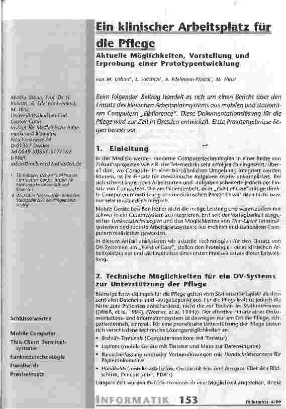 Vorschauseite 1: Ein klinischer Arbeitsplatz für die Pflege Aktuelle Möglichkeiten, Vorstellung und Erprobung einer Prototypenentwicklung