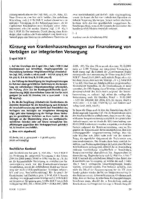 Vorschauseite 1: Kürzung von Krankenhausrechnungen zur Finanzierung von Verträgen zur integrierten Versorgung
