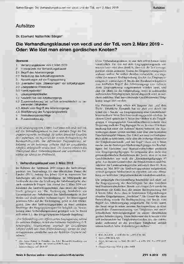 Vorschauseite 1: Die Verhandlungsklausel von ver.di und der TdL vom 2. März 2019 Oder: Wie löst man einen gordischen Knoten?