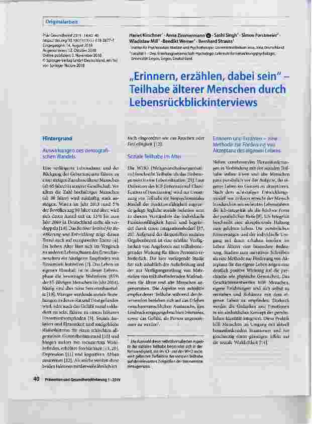 Vorschauseite 1: „Erinnern, erzählen, dabei sein - Teilhabe älterer Menschen durch Lebensrückblickinterviews