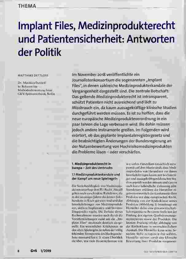 Vorschauseite 1: Implant Files, Medizinprodukterecht und Patientensicherheit: Antworten der Politik