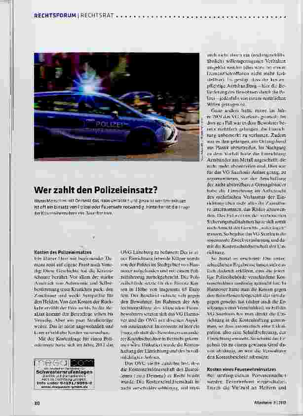 Vorschauseite 1: Wer zahlt den Polizeieinsatz?