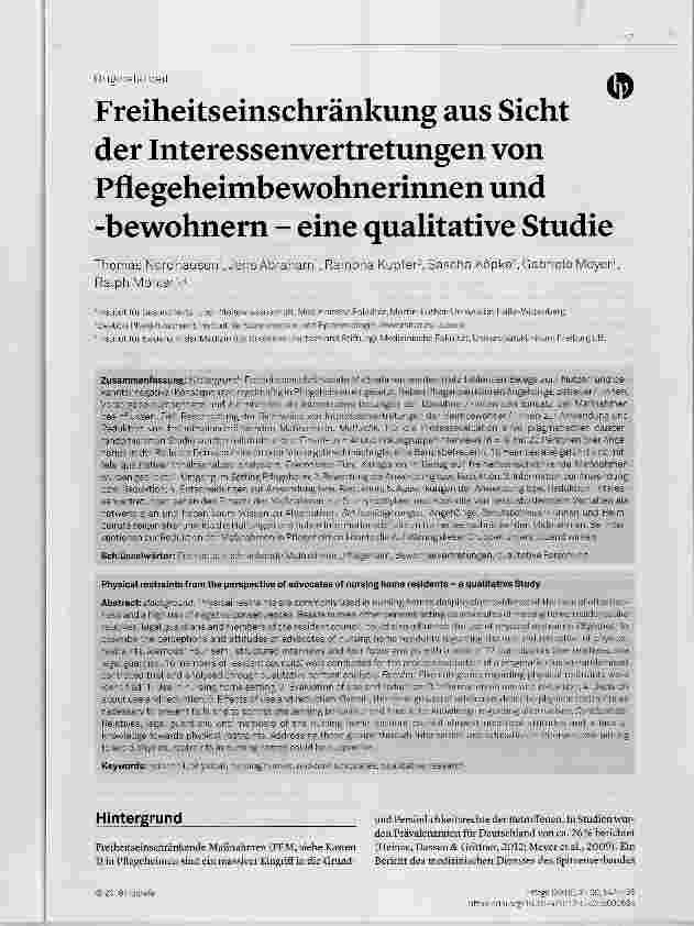 Vorschauseite 1: Freiheitseinschränkung aus Sicht der Interessenvertretungen von Pflegeheimbewohnerinnen und -bewohnern ene qualitative Studie