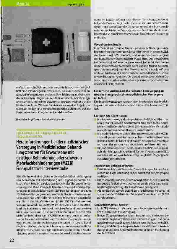 Vorschauseite 1: Herausforderungen bei der medizinischen Versorgung in Medizinischen Behandlungszentren für Erwachsene mit geistiger Behinderung oder schweren Mehrfachbehinderungen (MZEB) Eine qua…