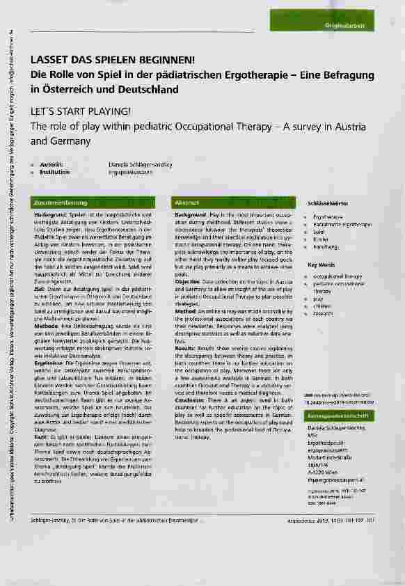 Vorschauseite 1: LASSET DAS SPIELEN BEGINNEN! Die Rolle von Spiel in der pädiatrischen Ergotherapie - Eine Befragung in Österreich und Deutschland