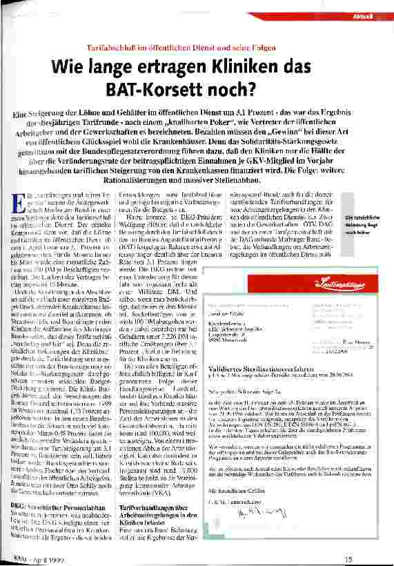 Vorschauseite 1: Wie lange ertragen Kliniken das BAT-Korsett noch? Tarifabschluß im öffentlichen Dienst und seine Folgen