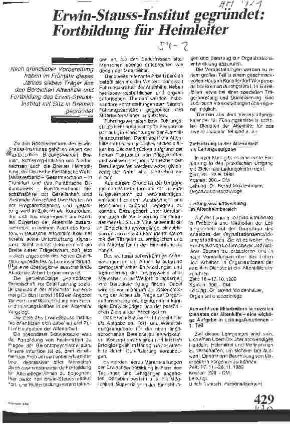Vorschauseite 1: Erwin-Stauss-Institut gegründet: Fortbildung für Heimleiter