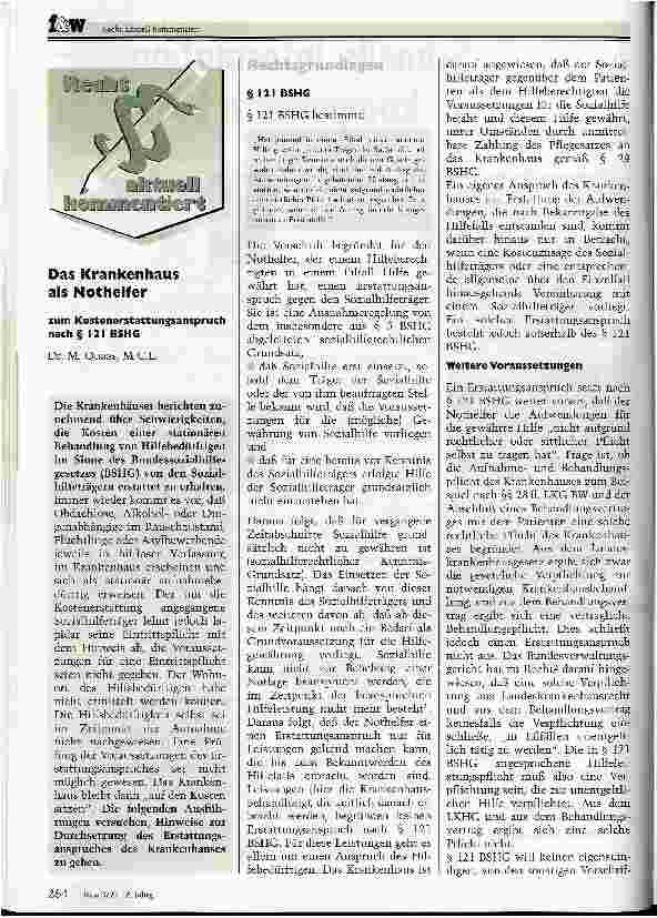 Vorschauseite 1: Das Krankenhaus als Nothelfer Zum Kostenerstattungsanspruch nach § 121 HGB