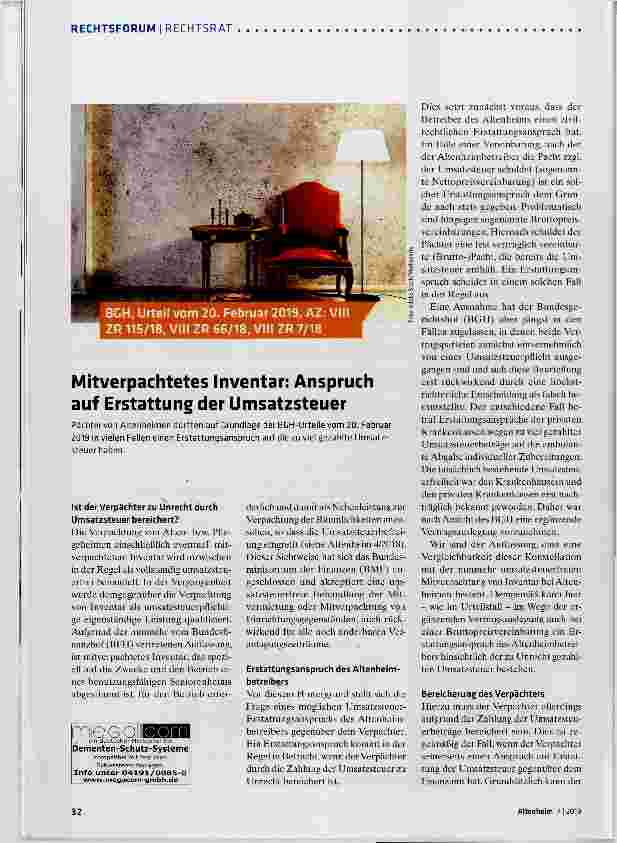 Vorschauseite 1: Mitverpachtetes Inventar: Anspruch auf Erstattung der Umsatzsteuer