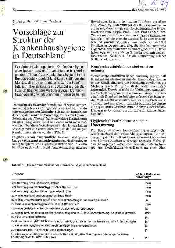Vorschauseite 1: Vorschläge zur Struktur der Krankenhaushygiene in Deutschland